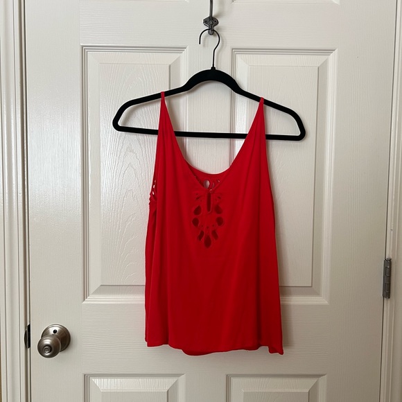 Red tank blouse with eyelette cut out design, medium - Picture 2 of 3